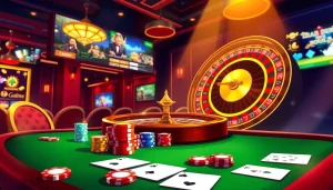 Engaging scene of live gaming action on Trang chủ Haywin with poker chips and a roulette wheel.