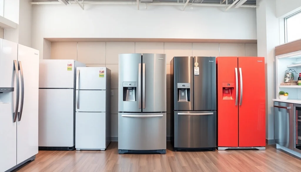 Highlighting refrigerator sales, modern refrigerators in a stylish retail display.