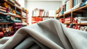 Bekijk uni katoen stof met rijke texturen en kleuren in een stijlvolle stoffenwinkel.