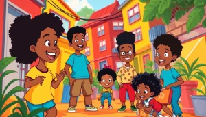 Joyful scene from African American cartoons depicting diverse characters in a vibrant urban setting.