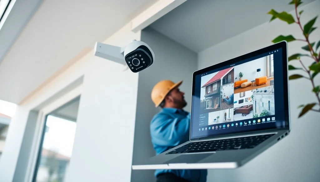 Escena de instalación de Cámaras Dahua que muestra a un técnico asegurando una cámara en un edificio.