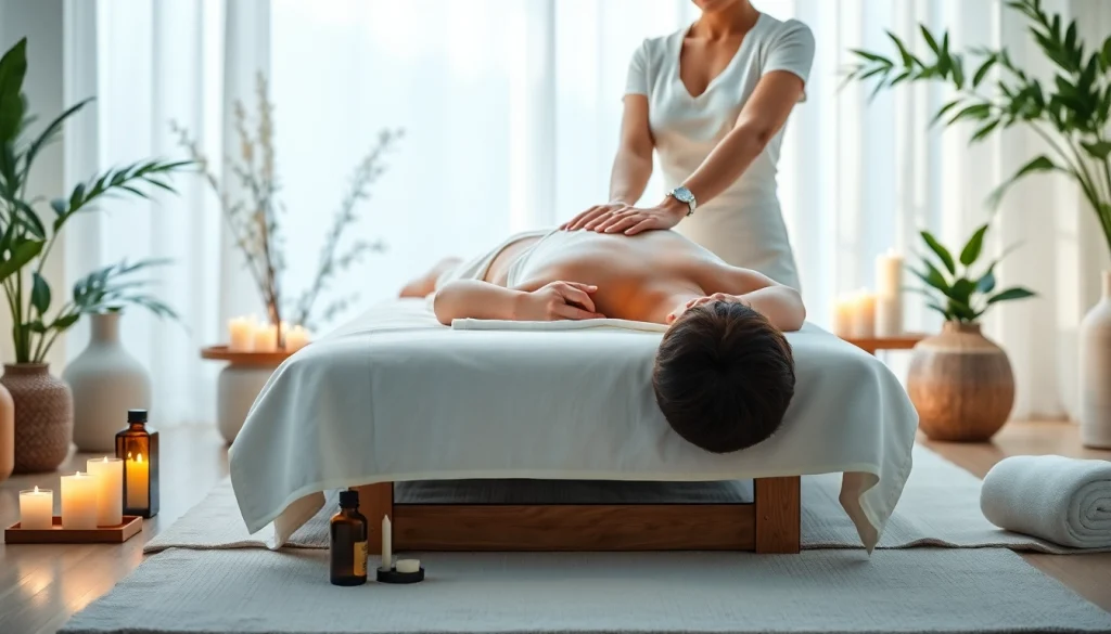 평화로운 스파 환경에서 오일을 바르고 있는 치료사의 스웨디시 마사지 장면.