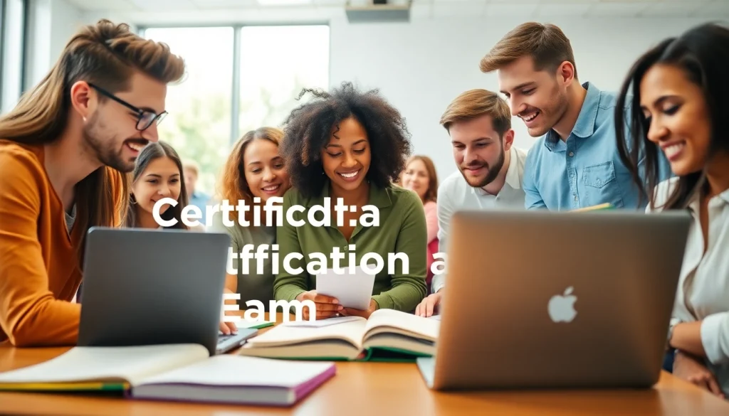 Engaged students collaborating in a bright classroom for certification exam support preparation.