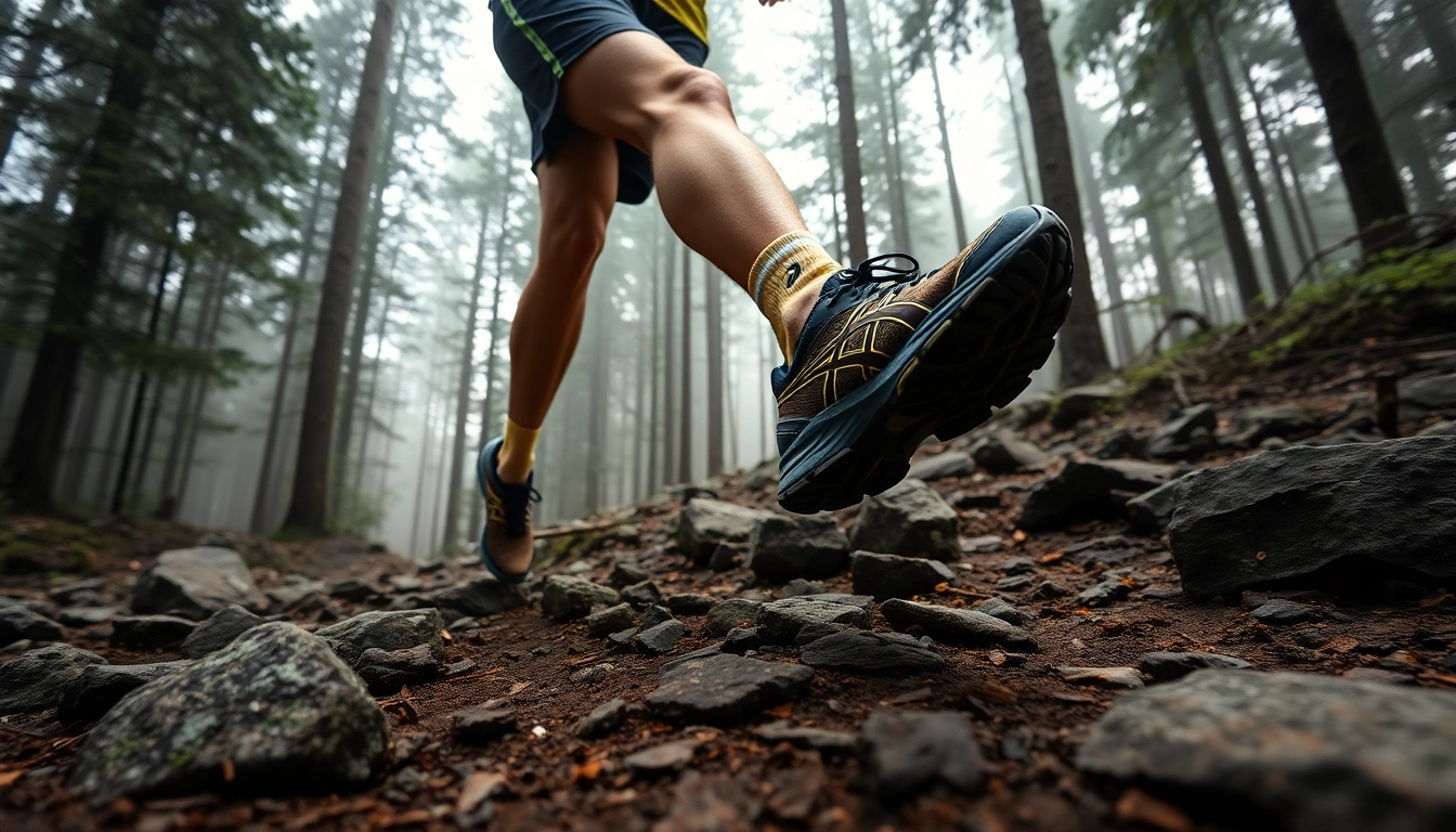 Corredor profesional usando asics trabuco 12 en un terreno montañoso explorando la naturaleza.